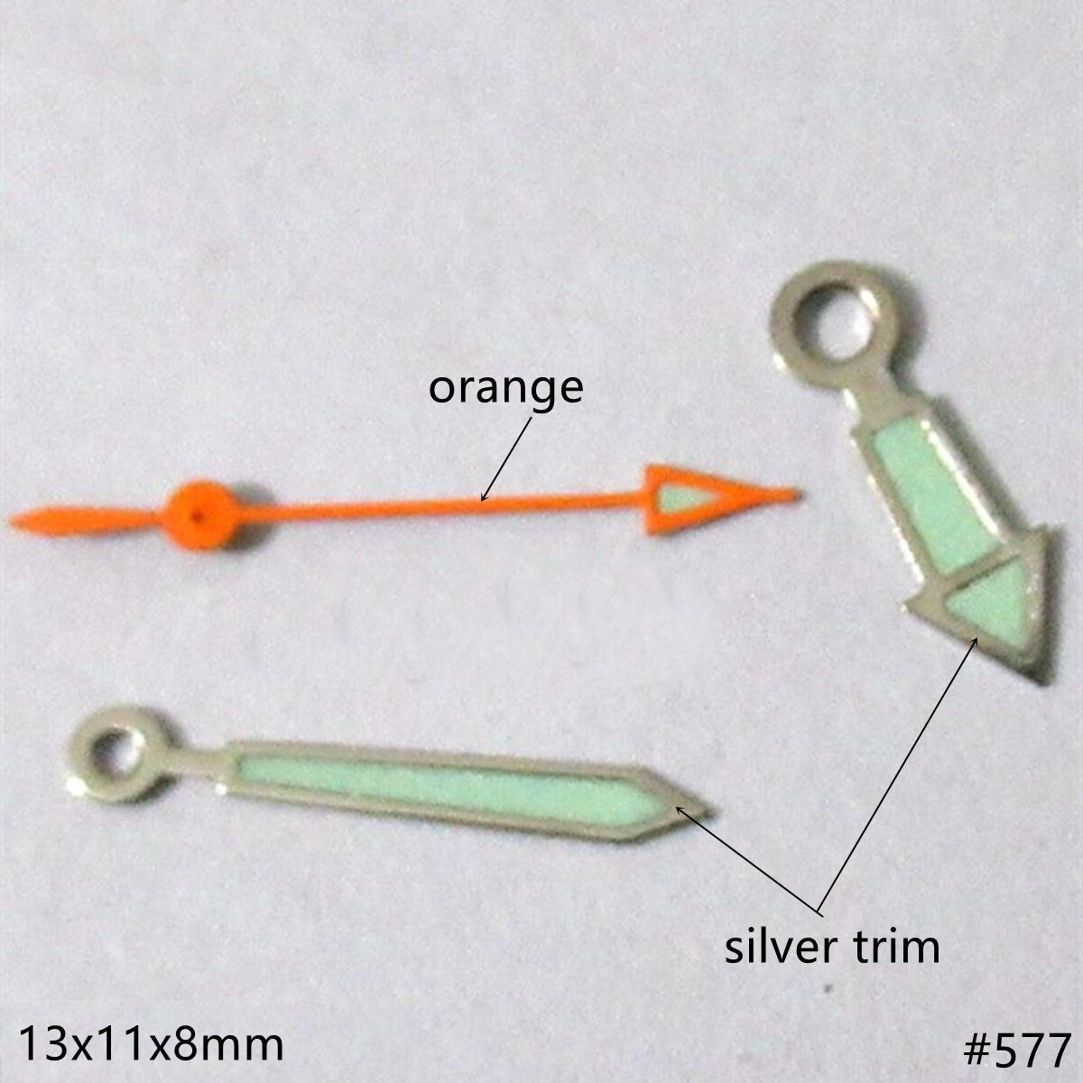 Set of 13mm silver trim green lume watch hands for Miyota 2035, 2115 movements, precise fit.