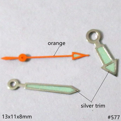 Set of 13mm silver trim green lume watch hands for Miyota 2035, 2115 movements, precise fit.