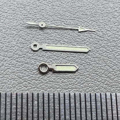 Set of 2 silver-trimmed 15mm green lume watch hands for Miyota 2035, 2115, 2105, 2305 movements.