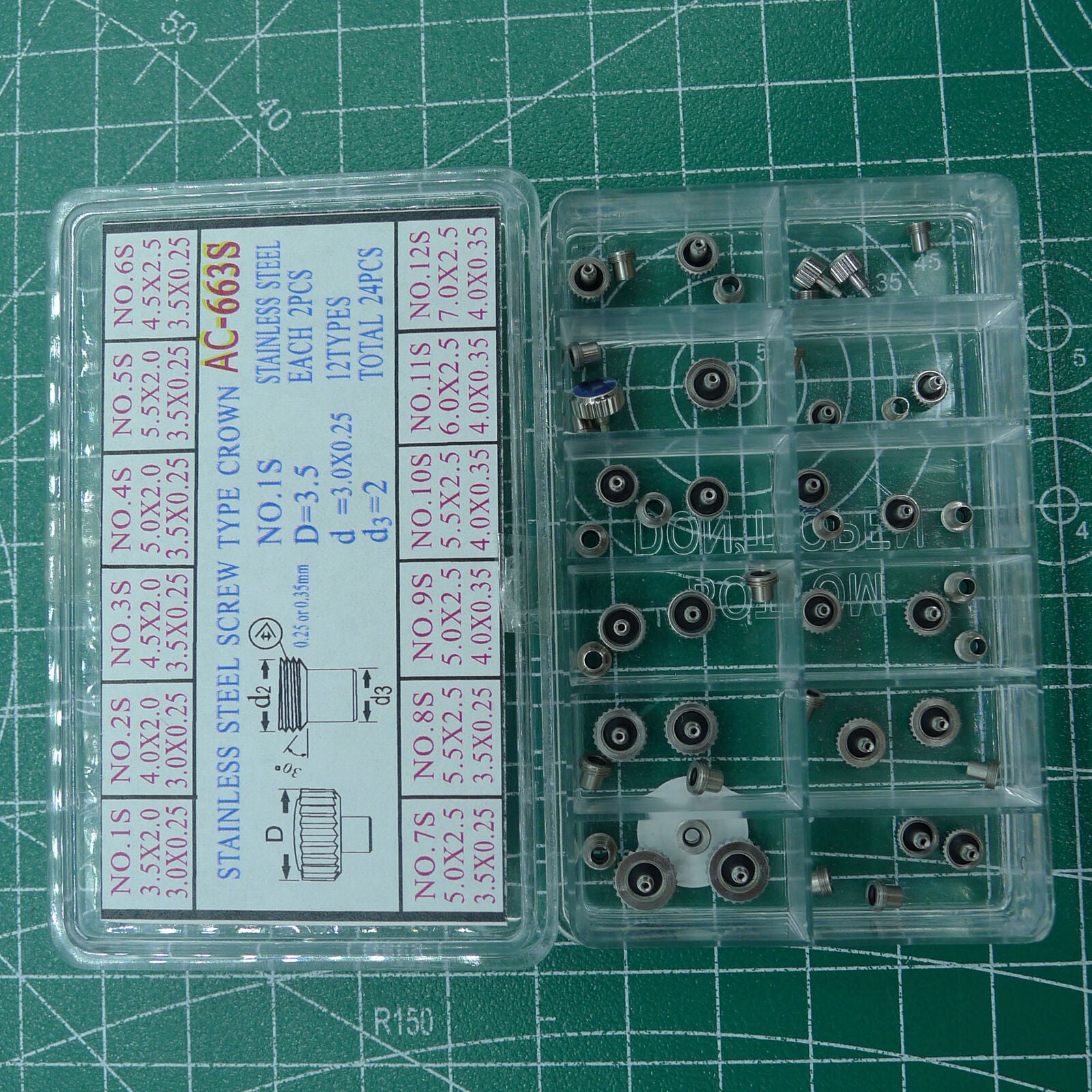 AC-663S stainless steel screw type crown set, 24pcs watch accessories for secure timepiece repair.