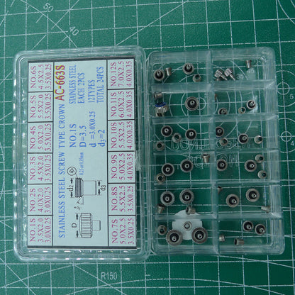 AC-663S stainless steel screw type crown set, 24pcs watch accessories for secure timepiece repair.