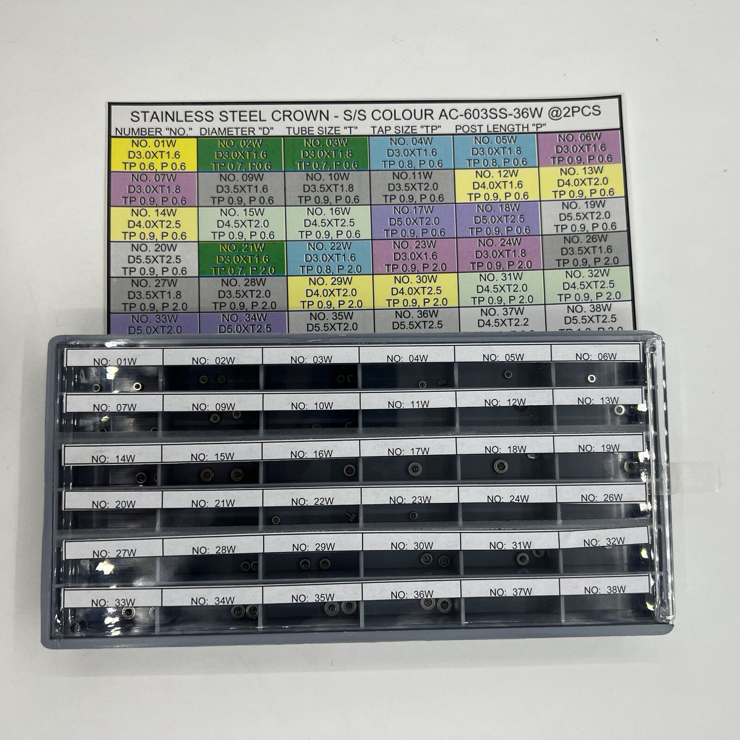 Stainless steel watch crown set with 72 pieces in 36 sizes, perfect for precise watch repair.