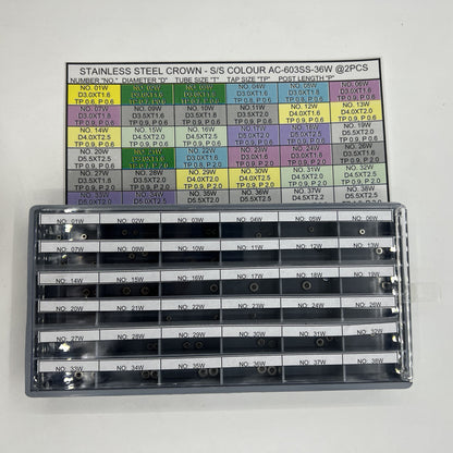 Stainless steel watch crown set with 72 pieces in 36 sizes, perfect for precise watch repair.