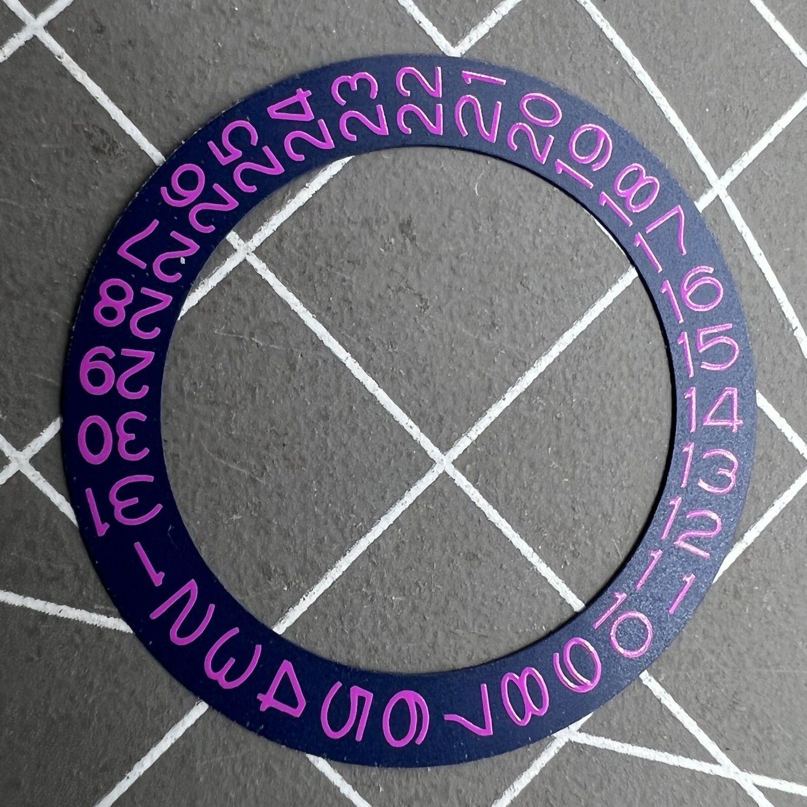 Denim blue background disk with Helio purple font for Miyota NH35 NH36 watch date wheel.