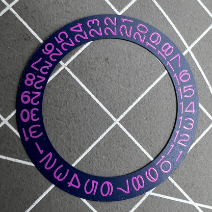 Denim blue background disk with Helio purple font for Miyota NH35 NH36 watch date wheel.