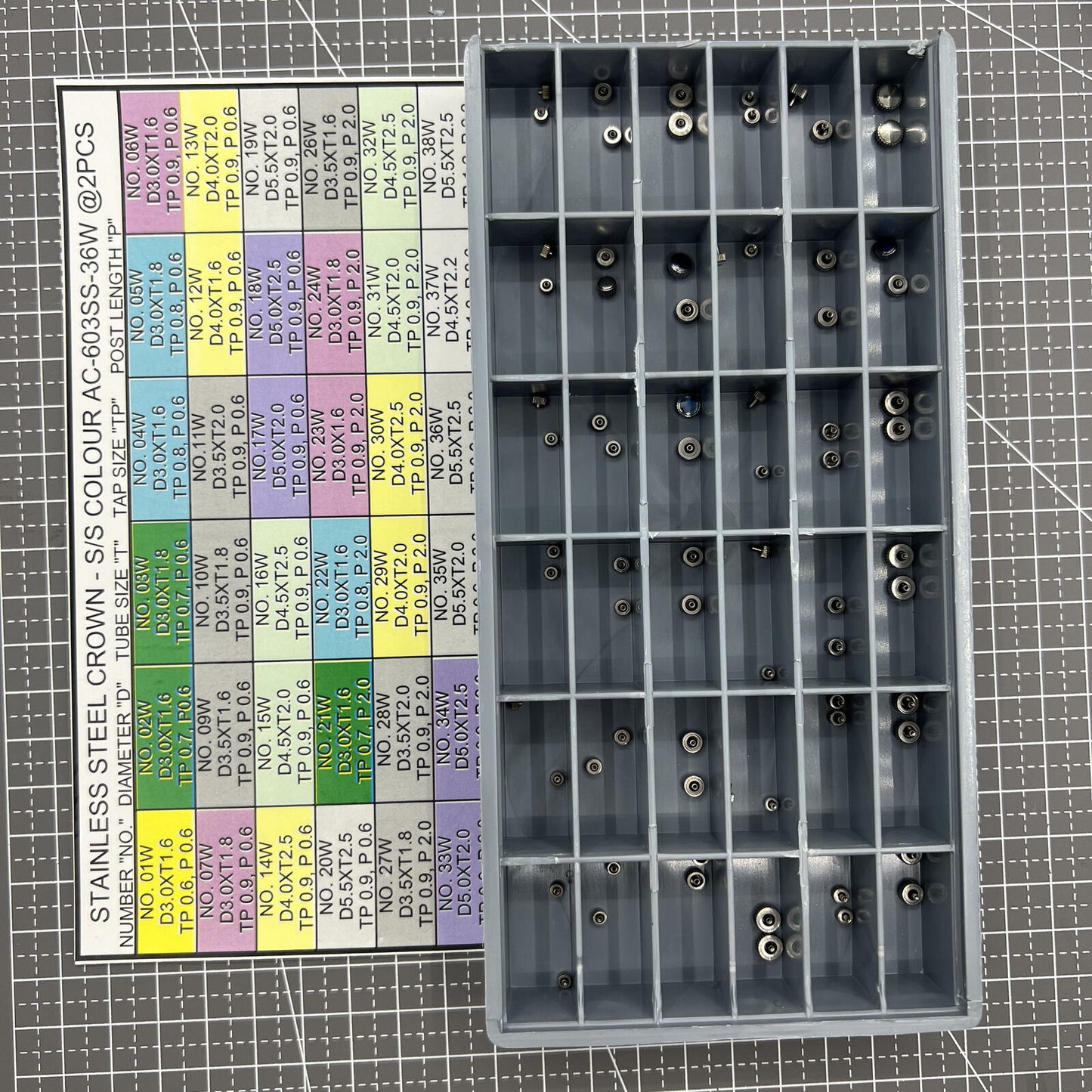 Stainless steel watch crown assortment kit, 36 sizes, silver finish, 72 pieces for repairs ? brand included.