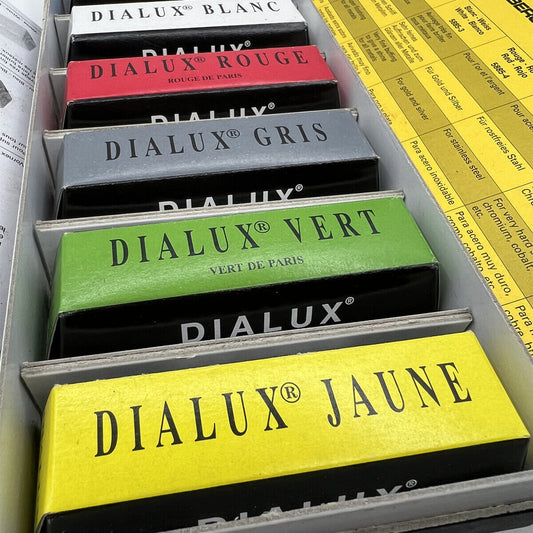 Bergeon 5885 DIALUX Rouge polish set with 7 polishing products for watch accessories care and restoration.