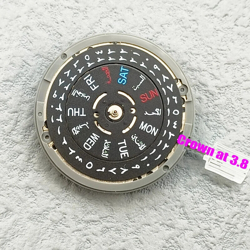 NH36 automatic watch with black Arabic dial, date display, and crown at 3.8 position.