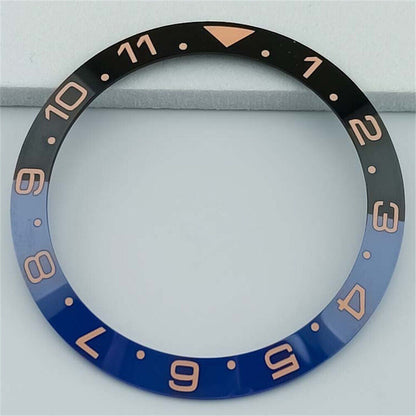 38mm black and blue ceramic GMT bezel with white and gold font, compatible with SUB watches.