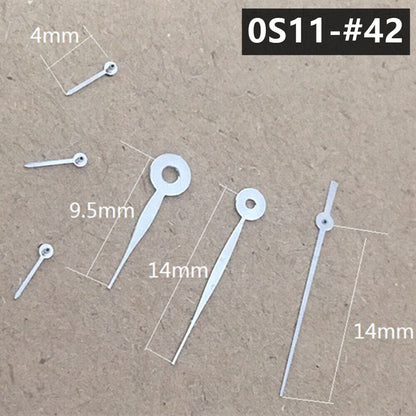 Silver 14mm long arrow watch hands for Miyota 0S11, precise timing accessory.
