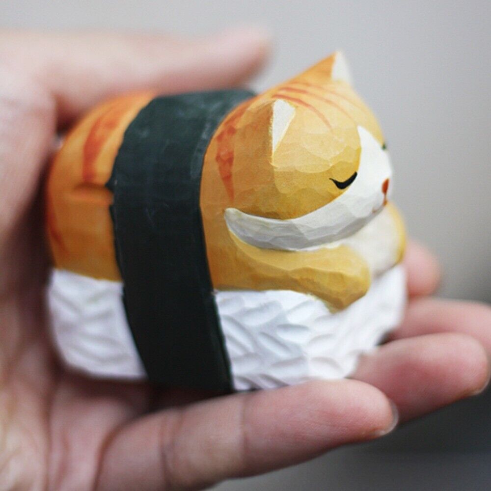 Handmade sushi cat wooden figurine, perfect decorative artwork for home or office.