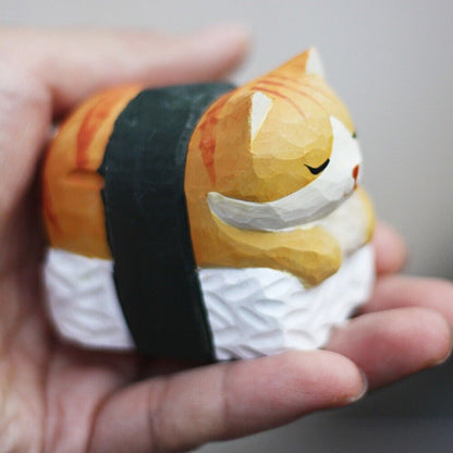 Handmade sushi cat wooden figurine, perfect decorative artwork for home or office.