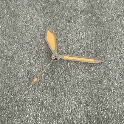 Vintage diamond-shaped watch hands with orange and green lume, silver trim for NH35/NH36.