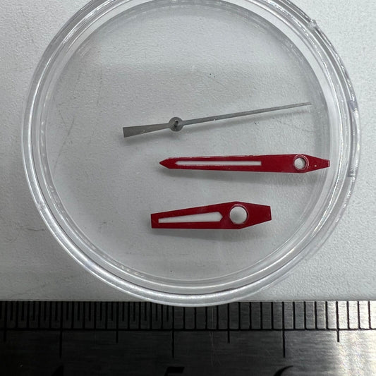 Red-trimmed watch hands with green luminous fill for Miyota 8215, 8205, DG2813 movements.