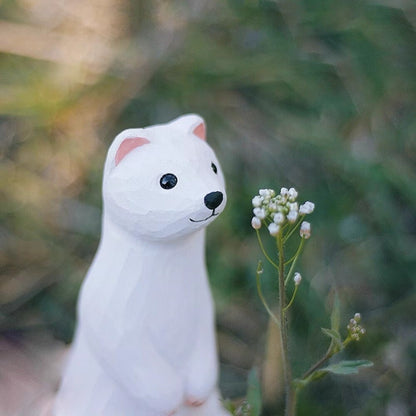 Handmade Lingweasel white weasel wooden sculpture, detailed decorative collectible for watch accessory display.