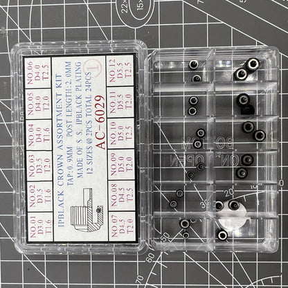 Black plated stainless steel watch crowns, 24 pieces in 12 sizes, perfect for watch repairs and customization.