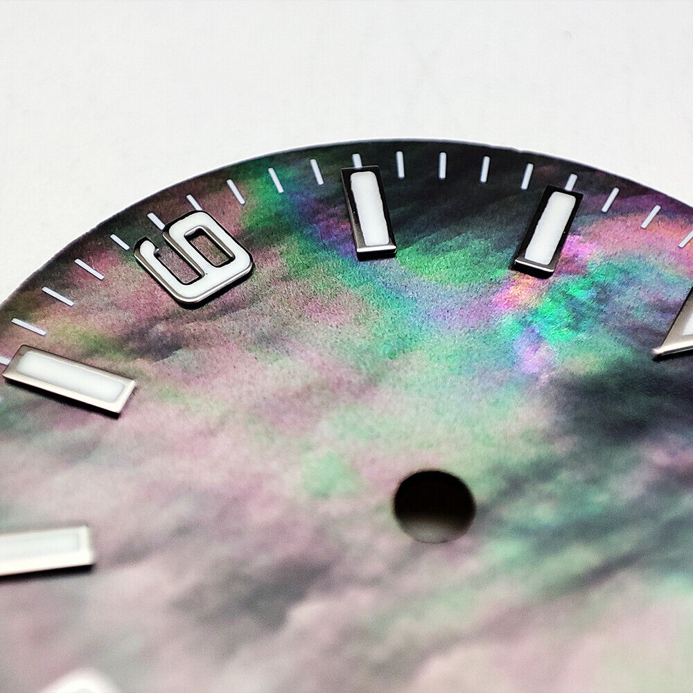 28.5mm green luminescent numeral watch dial, designed for NH35 4R35 automatic movements, ideal for customization.