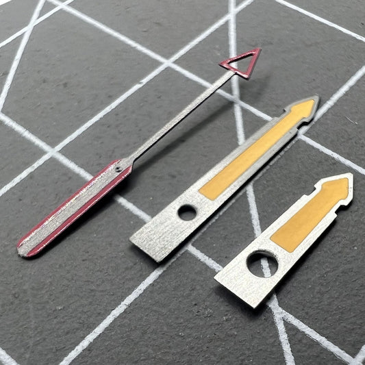 Arrow-shaped yellow luminous watch hands with black trim, compatible with NH35, NH36, 4R, and 7S movements.
