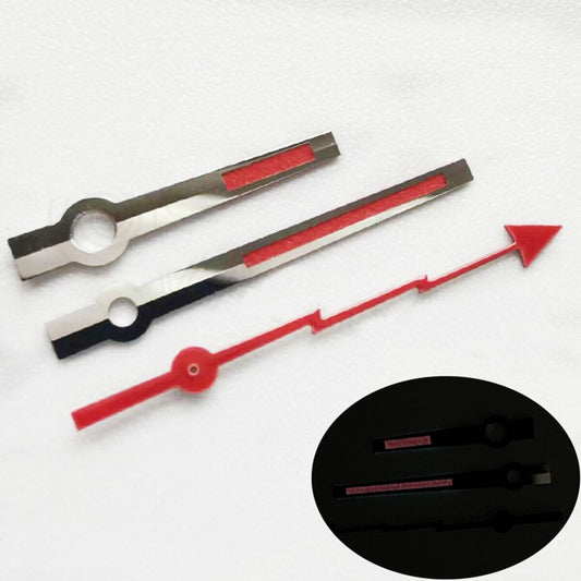 Red painted watch hands with red lume and silver trim for 3135, 3235, 3230 movements.