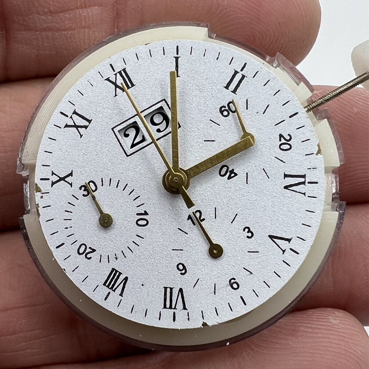 China Made 7750 chronograph watch movement with small seconds at 3, 6, and 9 o'clock, date at 12.