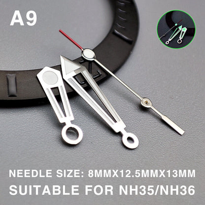 Green lume pointed hollow silver trim 13mm Miyota watch hands compatible with NH35, NH36, NH38 models.