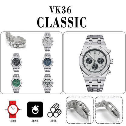 41MM stainless steel watch case and strap with VK63 movement and scratch-resistant sapphire glass.