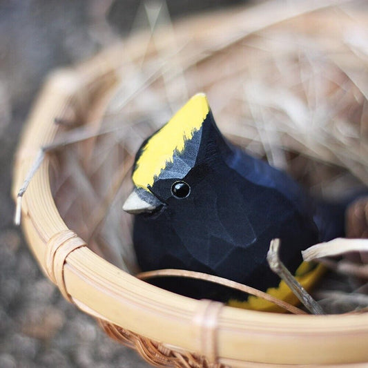 Handmade Crown Sparrow wooden figurine with yellow mane, decorative bird sculpture for home decor.
