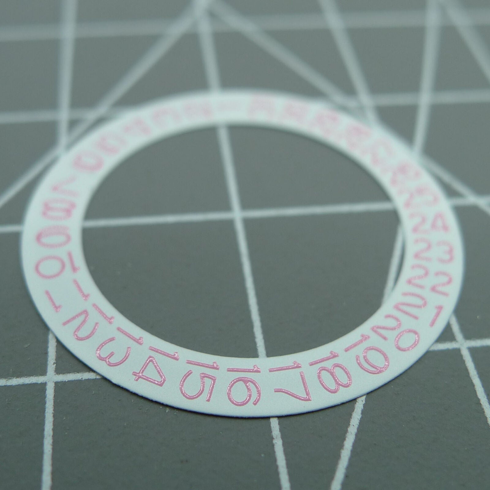 Pink character date wheel for NH35 NH36 watches, precise white dial display, Seiko-compatible accessory.