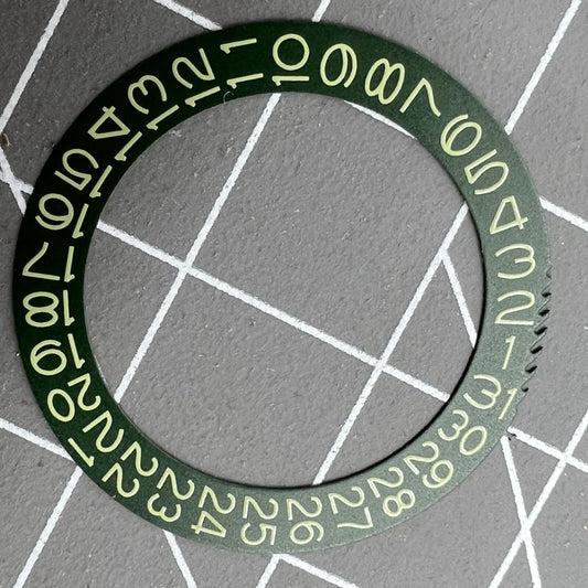 Dark hunter green date wheel with sage green font, compatible with Miyota NH35 NH36 watches.
