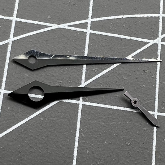 Long pointed black watch hands without lume for ST3600/ST3620/ETA6497/6498 movements, precise fit.