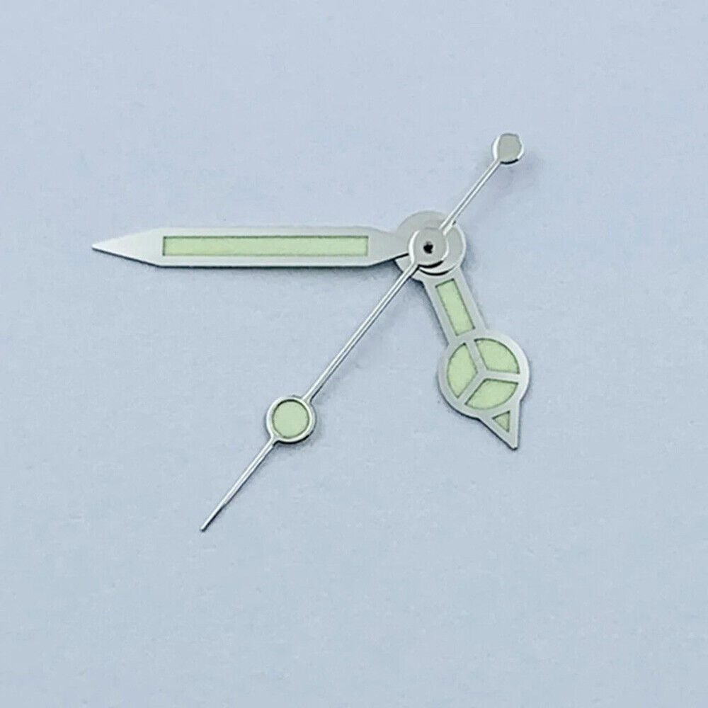 Green luminous watch hands with silver trim, compatible with NH35 NH36 movements.