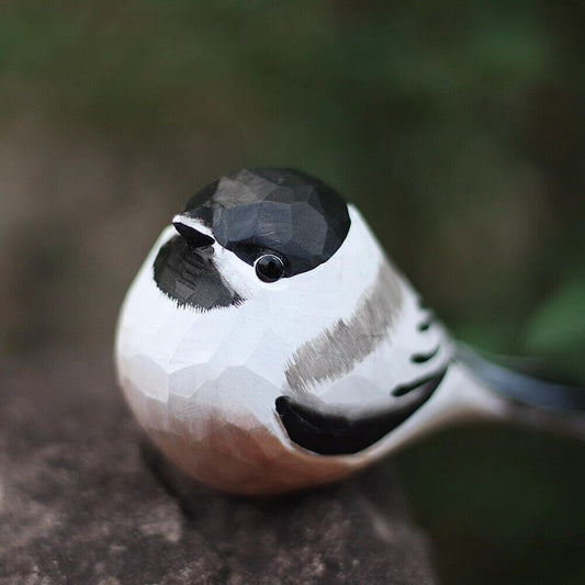 Handcrafted black-capped chickadee wooden figurine, perfect for home decor and gifts.