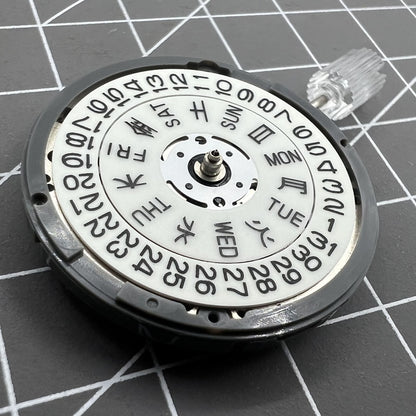 Seiko NH36A white dial watch movement with blue lume and 3/3.8 crown positions for accuracy.