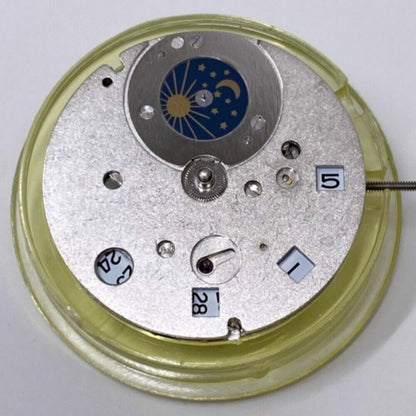 Mingzhu 8205 2813 watch movement with moon phase at 12 and small second hand, China made.