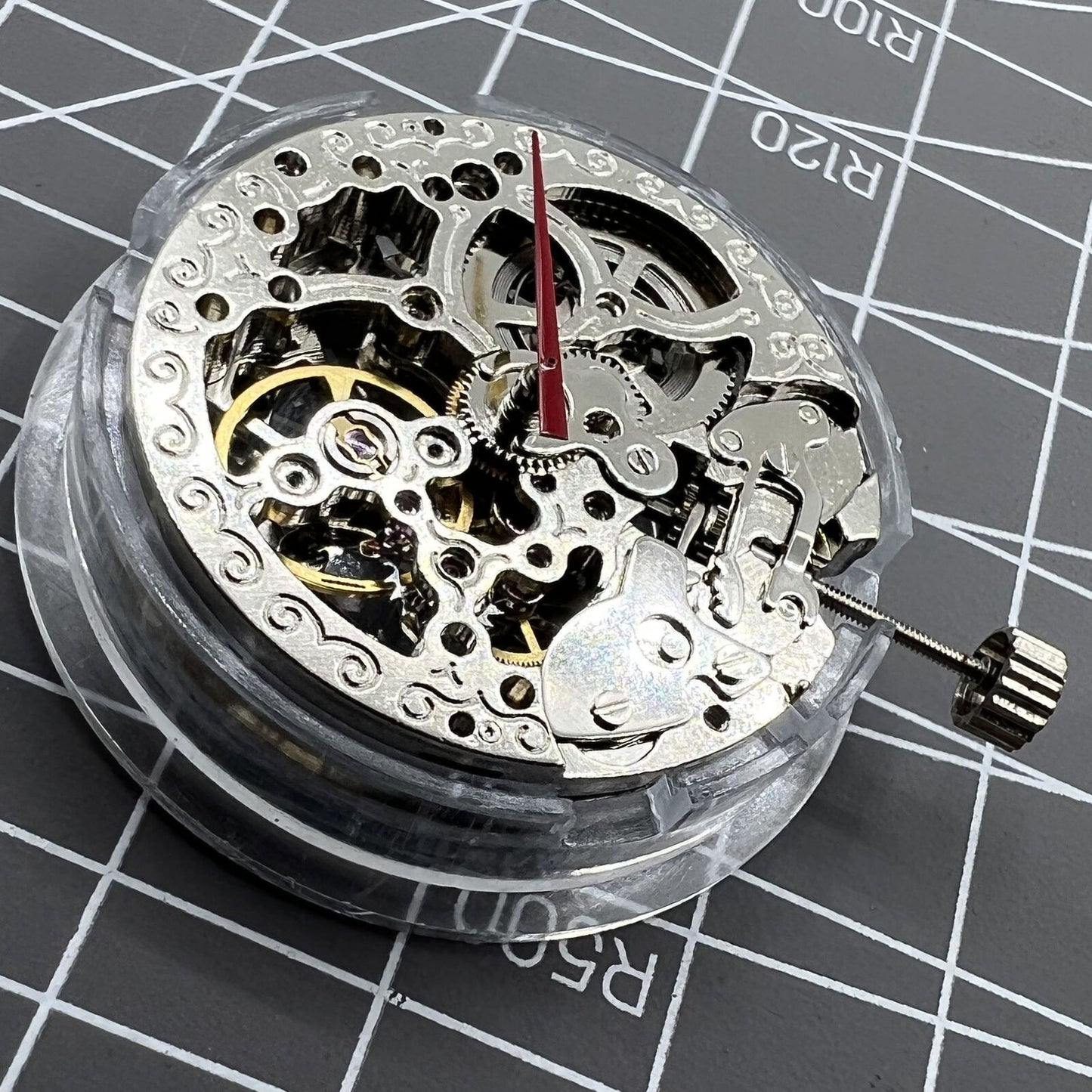 TY2807 skeleton watch movement displaying intricate automatic mechanical design for T16 brand replacements.