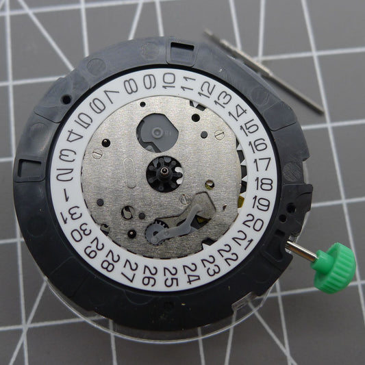 Japan Made Miyota OS20 quartz watch movement with date display at 4.5, ideal for watchmaker repairs.