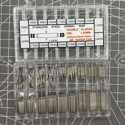 Double flange stainless steel watch spring bar kit, 18 sizes, 360PCS/box for secure watch strap installation