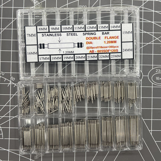 Double flange stainless steel watch spring bar kit, 18 sizes, 360PCS/box for secure watch strap installation