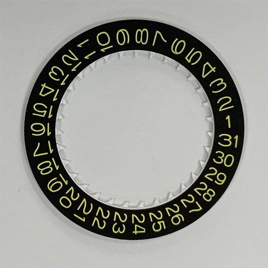 Yellow character date wheel for NH35 NH36 watches, black background, precise replacement part.
