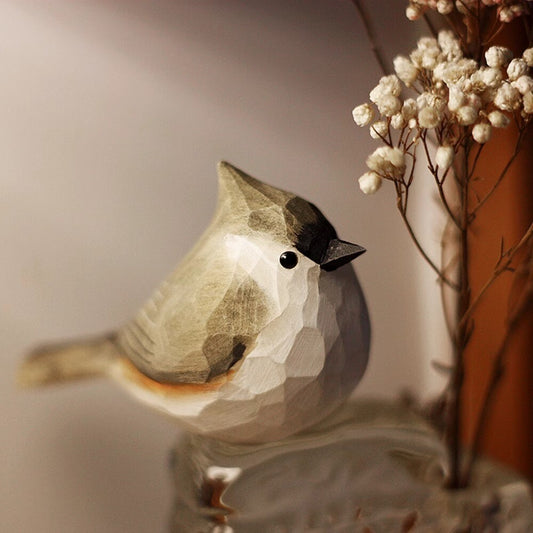Handmade grey Tit wooden figurine, detailed decorative collectible sculpture for home decor.