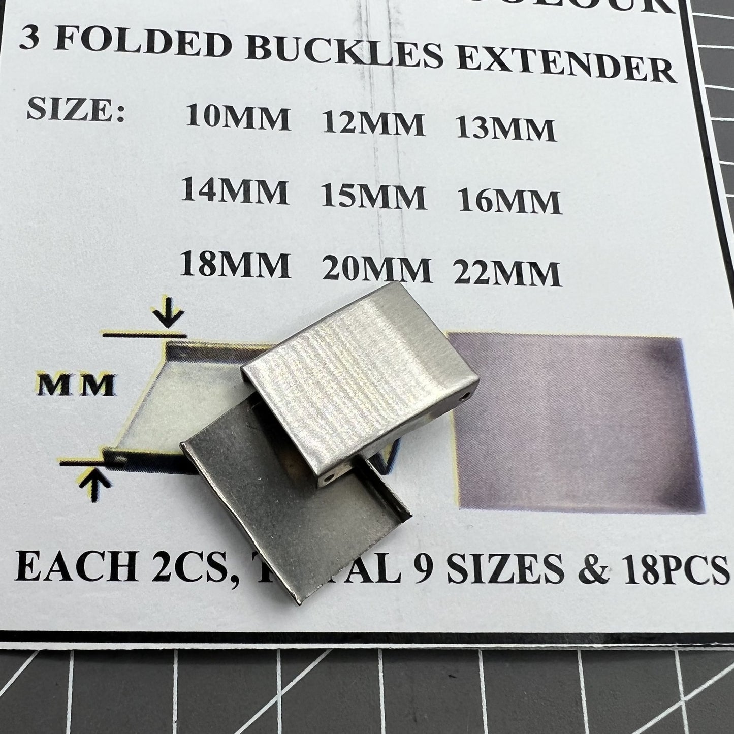 Silver 3-fold watch strap buckle extender, 9 sizes, 18 pieces - versatile bracelet accessory for watches