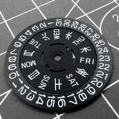 Green lume date and week wheels for NH36 movement, showing date at 3.8, precision watch accessory.