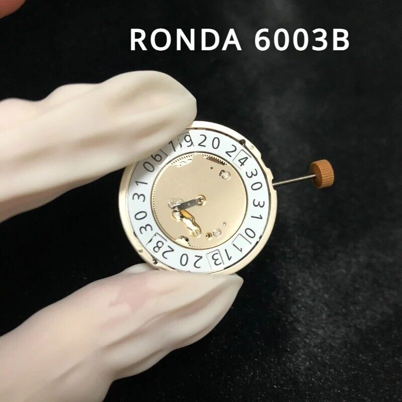 Ronda 6003B Swiss quartz watch movement with date at 12, ideal for precise watch repair parts.