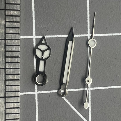 Green luminescent silver-trimmed 12.5mm watch hands for Miyota NH35/NH36/NH38 movements.