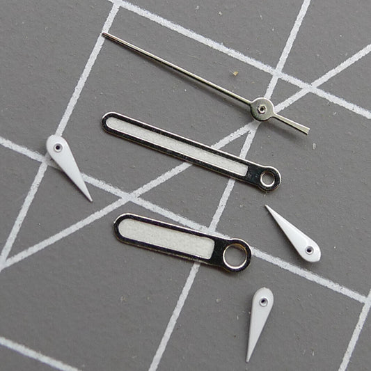 Silver-trimmed green luminous watch hands, 10mm size, ideal for Miyota 0S10 movement.