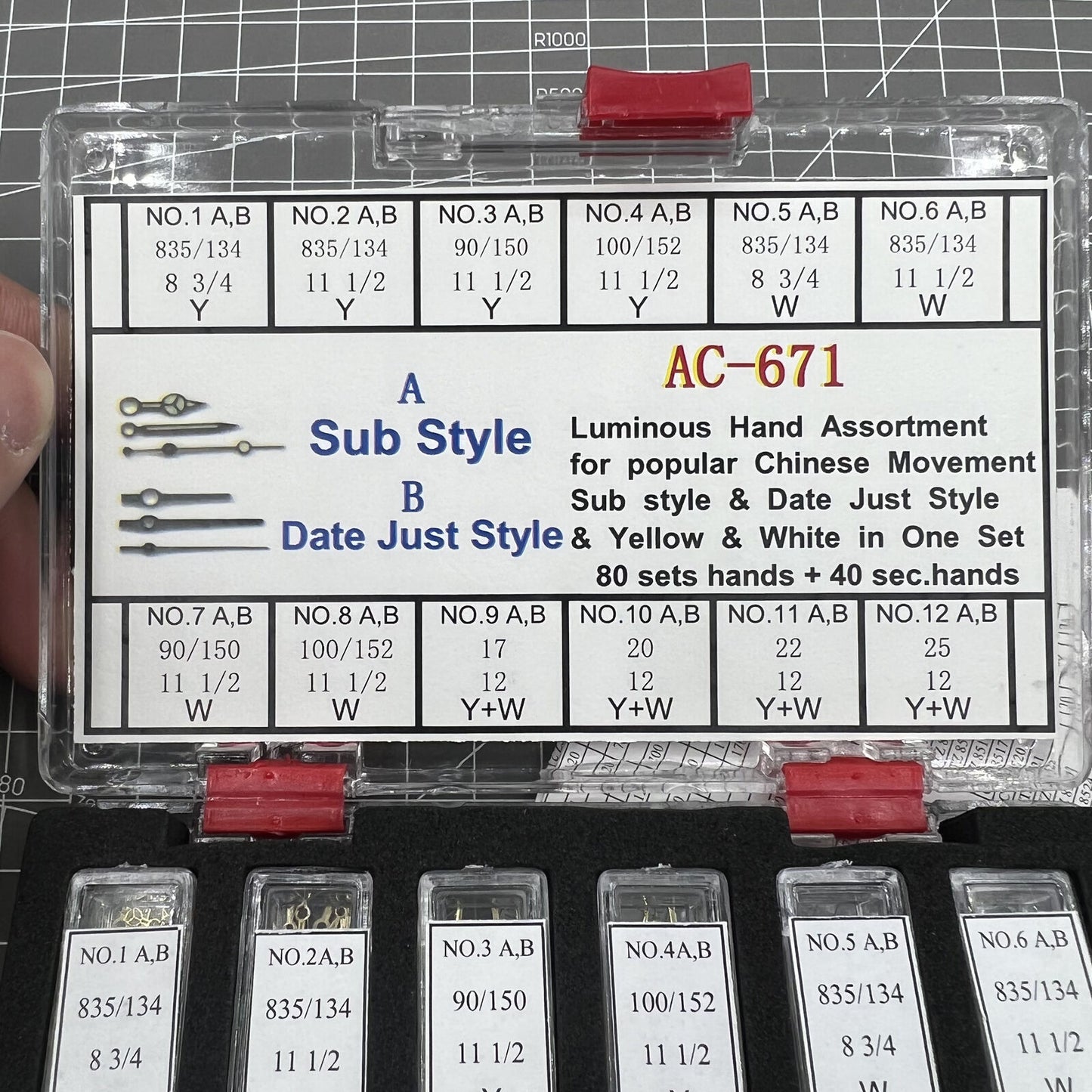 Luminous Date Just style watch hands by Sub Style for Chinese movement repairs.