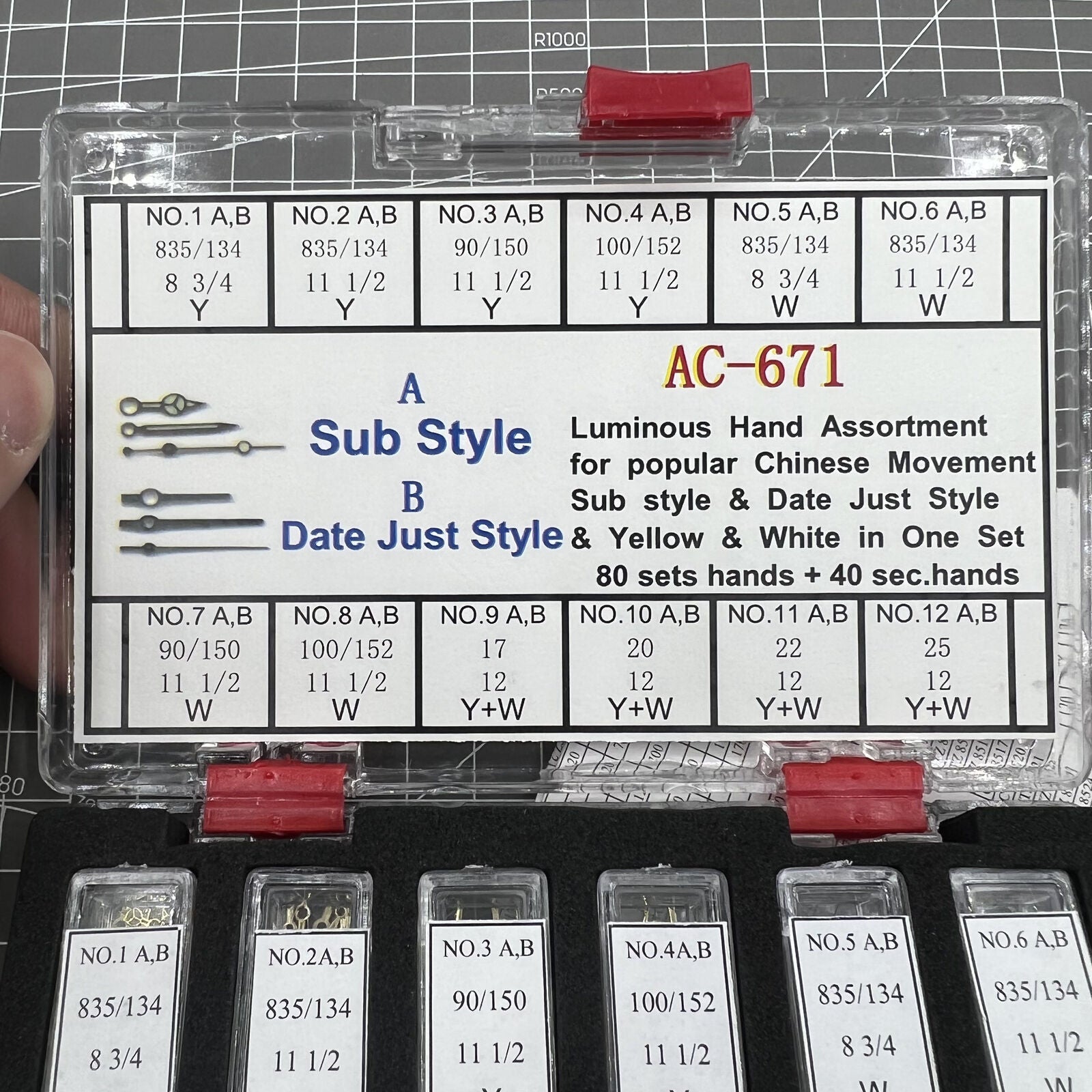 Luminous Date Just style watch hands by Sub Style for Chinese movement repairs.