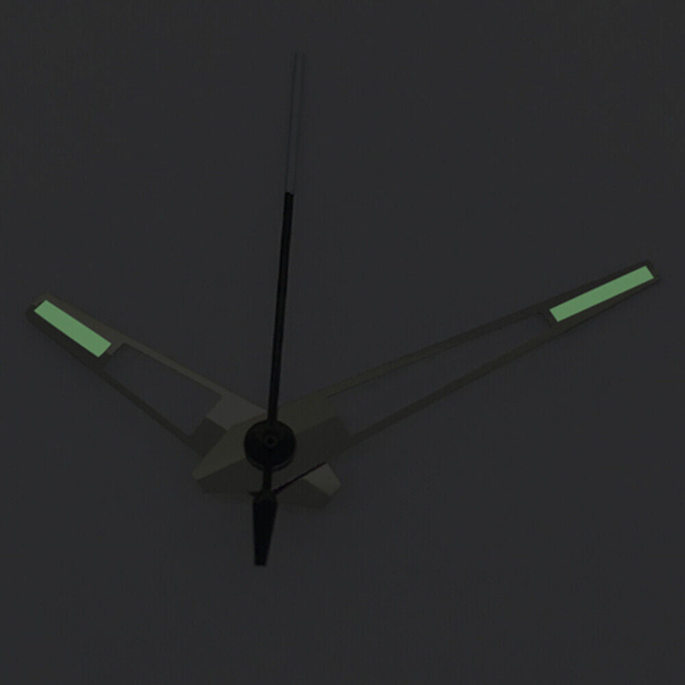Green luminous watch hands with silver trim, designed for China Made 8215/2813 Miyota 8N24 movements, ideal for precise timekeeping.