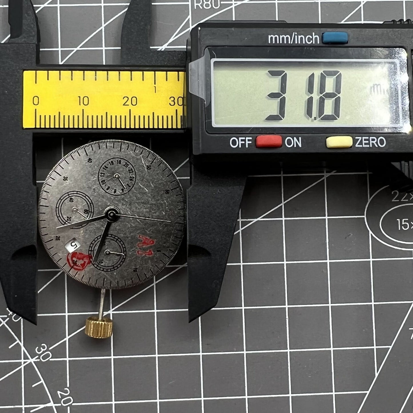 Automatic chronograph watch with ETA 7753 movement and small second dial at 6 o?clock.