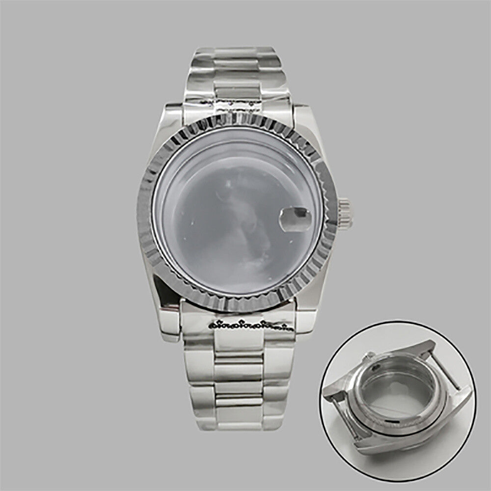 36mm stainless steel watch case and strap with transparent calendar window, compatible with NH35/36 movements.